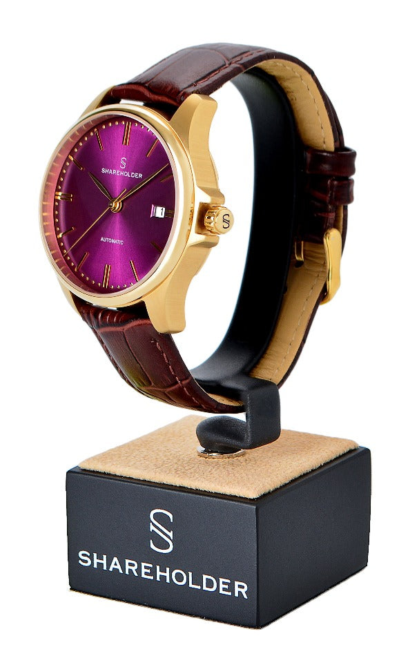 Dark Cherry Dial / Gold Case / Brown Strap