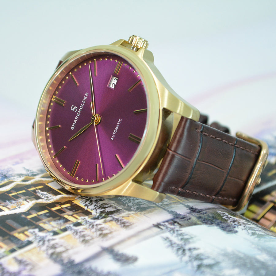 Dark Cherry Dial / Gold Case / Brown Strap