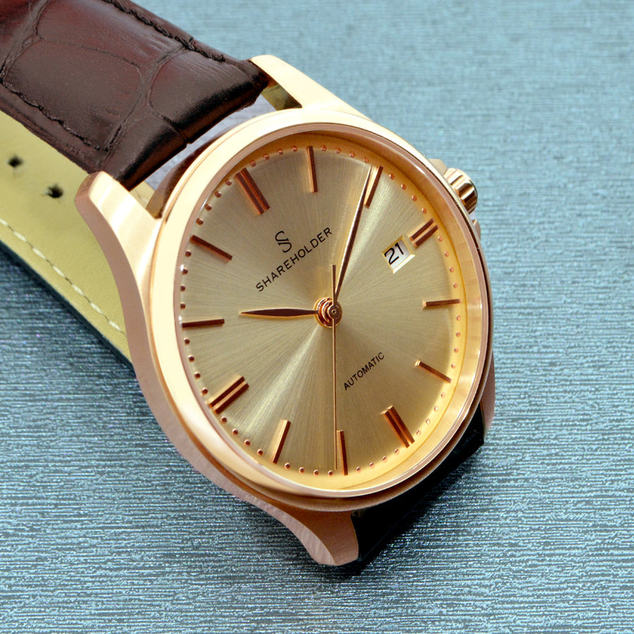 Gold Dial / Rose Gold Case / Brown Strap